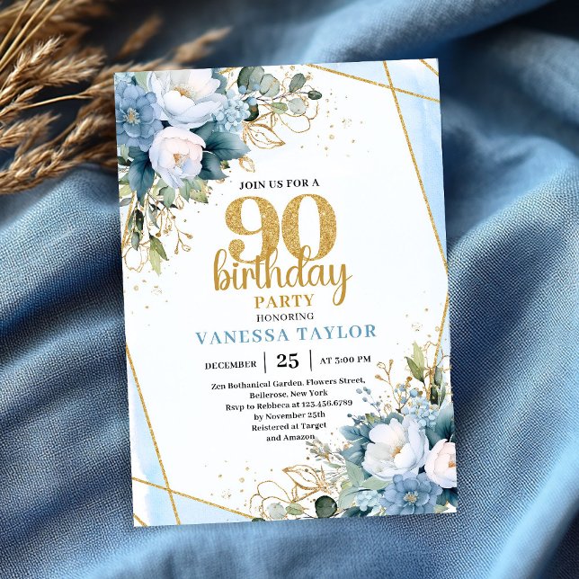 Vattenfärg Blå Blommor 90-årsdag Elegant  Inbjudningar (Watercolor Blue Flowers 90th Birthday Elegant Party Invite

)
