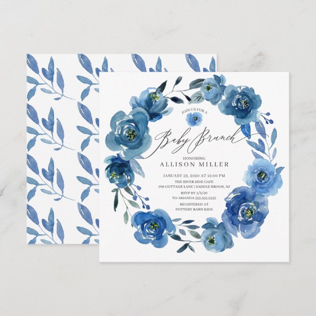 Vattenfärg Blå Blommor Baby Shower Brunch Inbjudningar (Fram/baksida)