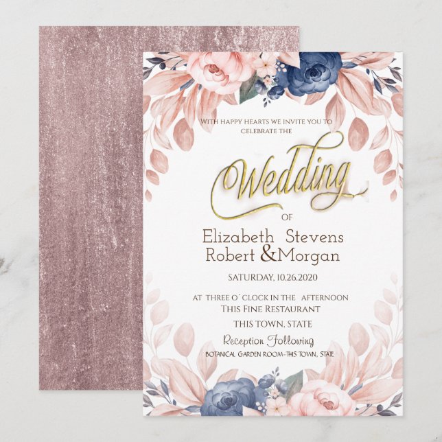 Vattenfärg Blå Blommor Bröllop Inbjudningar (Fram/baksida)