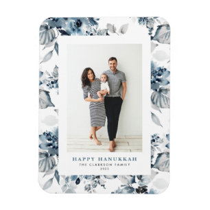 Vattenfärg Blå Blommor Glad Hanukkah Foto Magnet