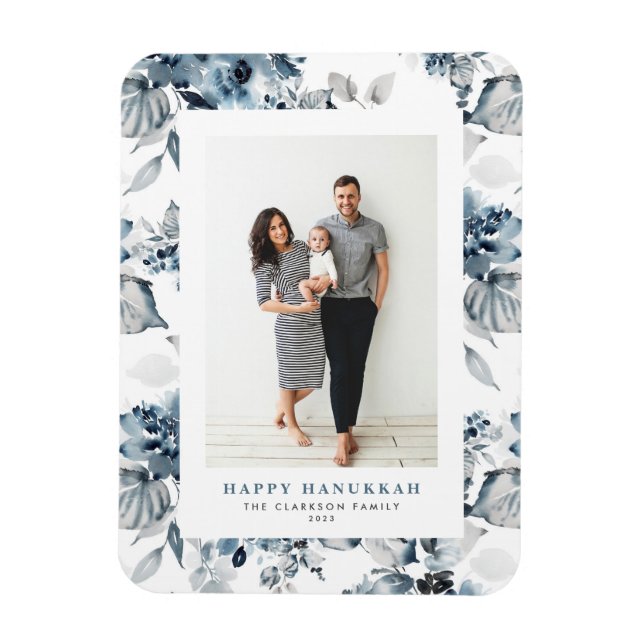 Vattenfärg Blå Blommor Glad Hanukkah Foto Magnet (Vertikal)