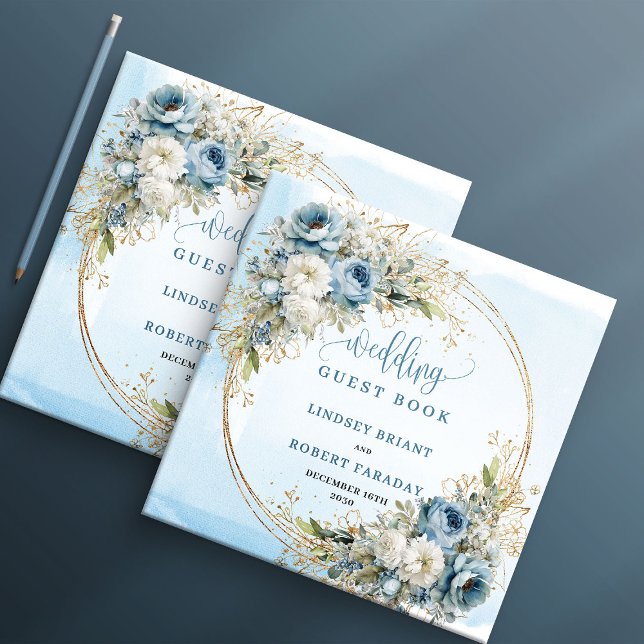 Vattenfärg Blå Blommor Guld Bröllop Tecken In Gästböcker (Watercolor Blue Flowers Gold Wedding Sign In)