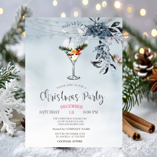 Vattenfärg Blå Blommor,Ljus Cocktail Jul  Inbjudningar (Skapare uppladdad)