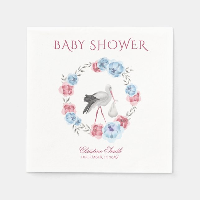 Vattenfärg Blå & Blush Rosa Blommig Vinterkrans  Pappersservett (Framsidan)