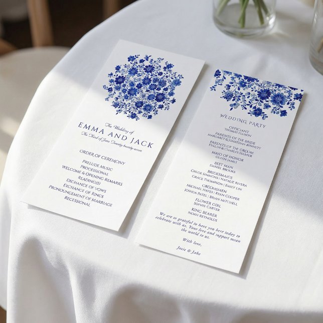 Vattenfärg Blå Bouquet Bröllopsordning för Ceremon Program (Watercolor Blue Bouquet Wedding Order of Ceremony Program)