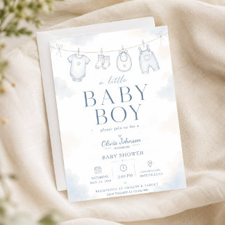 Vattenfärg Blå En Söt Neutral Pojke Babyfirande Inbjudningar