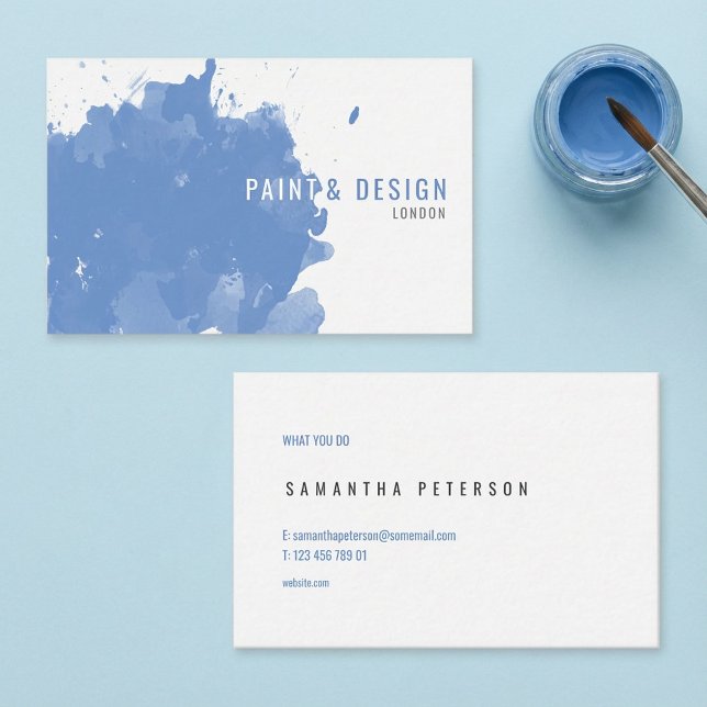 Vattenfärg blå färg stänk effekt visitkort (Watercolour blue paint splash effect business card.)