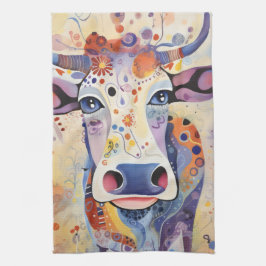 Vattenfärg Blå färgglad Whimsical Ko Bubbly Mjuk Kökshandduk