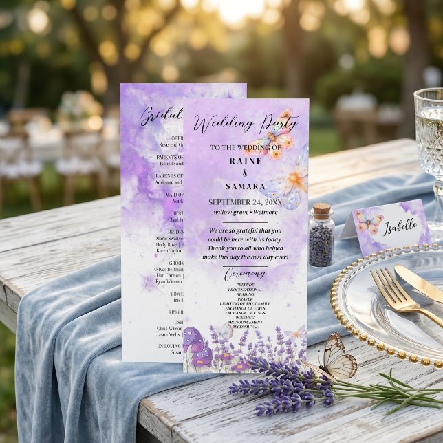 Vattenfärg Blå Fjäril Rustik Lavendel Lila  Meny (Elegant Blue Butterfly Rustic Watercolor Wedding Menu)