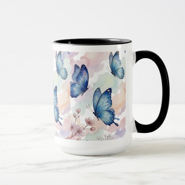 Vattenfärg Blå Fjärilar Mugg Design – Elegant  (Höger)