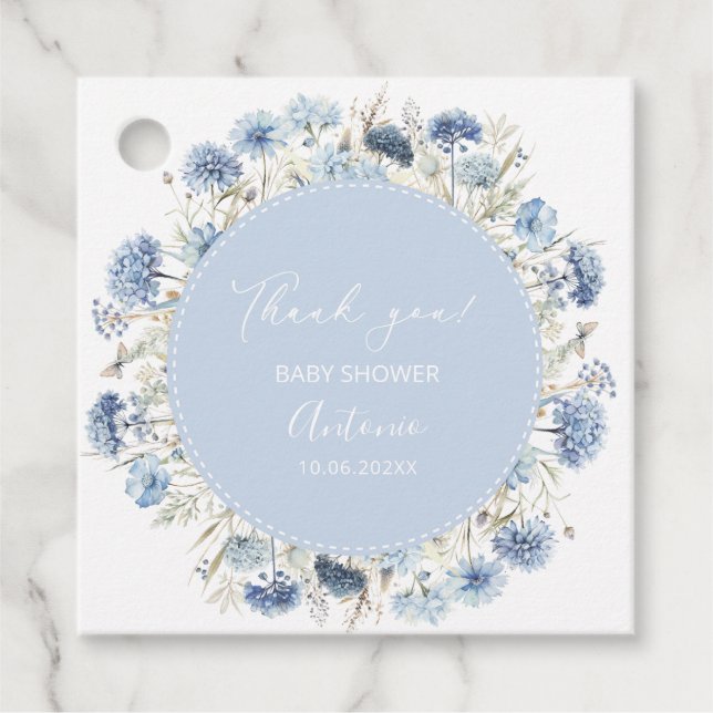 Vattenfärg Blå flicka Pojke baby shower Gåvor Etiketter (Framsida)