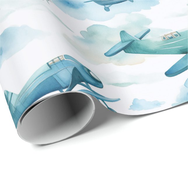 Vattenfärg Blå Flygplans Nurseries Design, Mjuk Hi Presentpapper (Rullad Hörn)