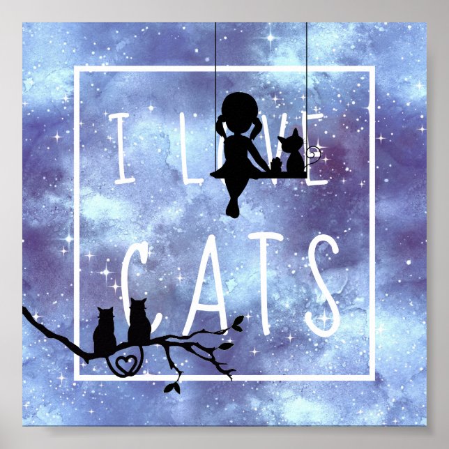 Vattenfärg Blå Galax Flick Katter Siluett Rum Poster (Framsidan)