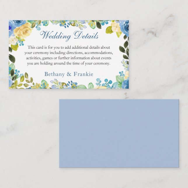 Vattenfärg Blå Gul Ros Trädgård Bröllopsdetaljer Tilläggskort (Fram/baksida)