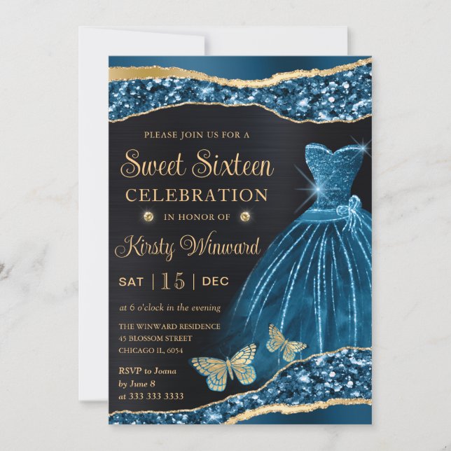 Vattenfärg Blå & Guld Glitter Klänning Sweet Sixte Inbjudningar (Framsida)