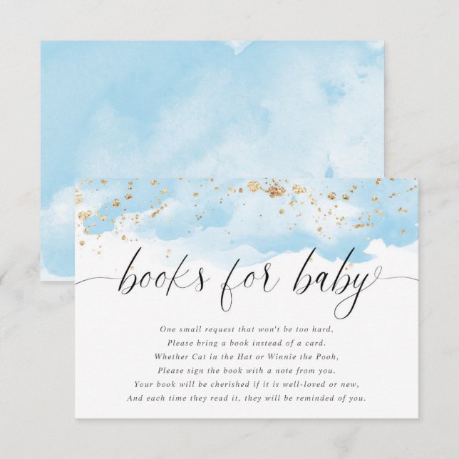 Vattenfärg blå guld glitter vita böcker baby pojke tilläggskort (Fram/baksida)