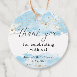 Vattenfärg blå guld vit baby shower tack gåvor etiketter