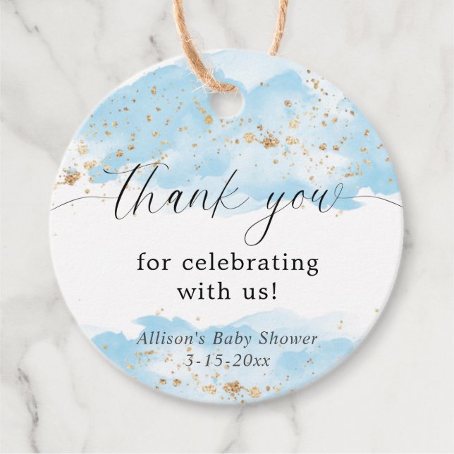 Vattenfärg blå guld vit baby shower tack gåvor etiketter (Framsida)