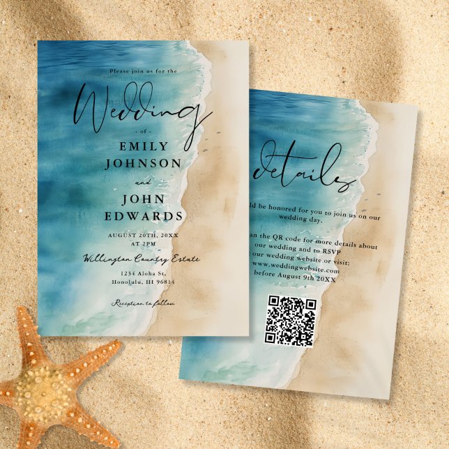 Vattenfärg Blå Hav Strand Sand QR-kod Bröllop Inbjudningar (Watercolor Blue Ocean Beach Sand QR Code Wedding Invitation)