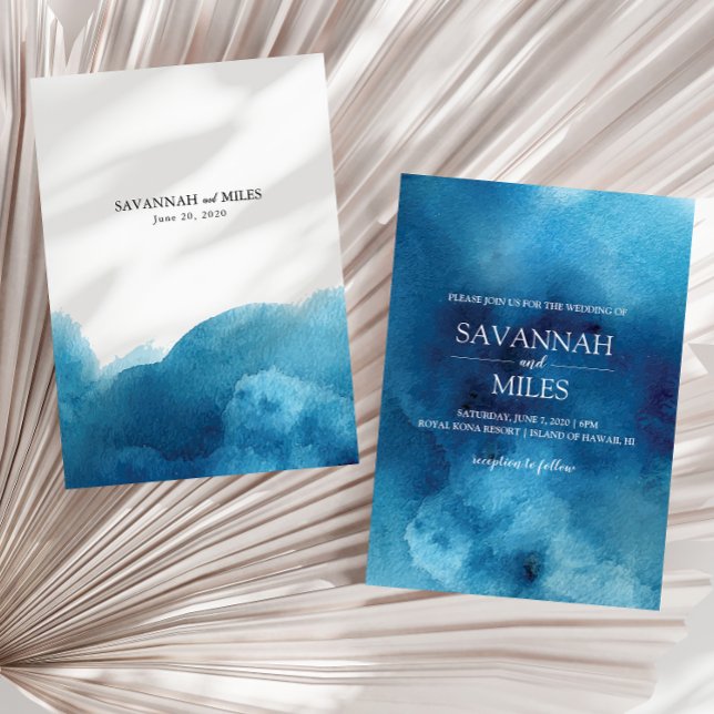 Vattenfärg Blå Havsvåg Bröllopsinbjudan Meddelande (Skapare uppladdad)