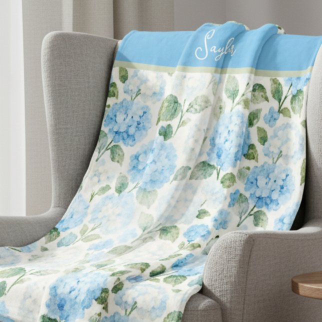Vattenfärg Blå Hortensia Blommig Namn Fleecefilt (Skapare uppladdad)