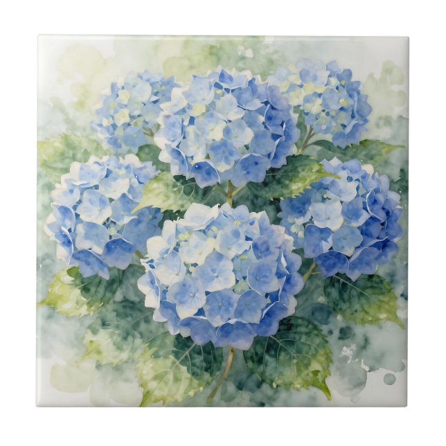 Vattenfärg Blå Hortensia Bouquet Kakelplatta (Framsidan)