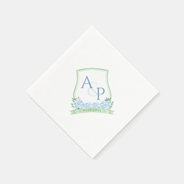 Vattenfärg Blå Hortensia Grön Bröllopsmonogram Pappersservett (Hörn)