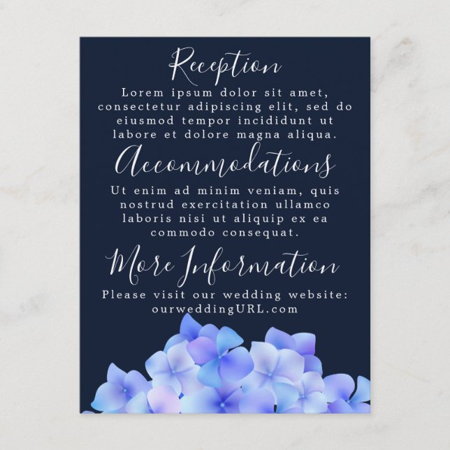 Vattenfärg Blå Hortensia Mottagningskort Tilläggskort (Framsida)