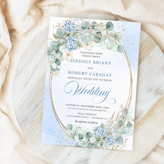 Vattenfärg Blå Hortensia Vete Bröllopsinbjudan Inbjudningar (Watercolor Blue Hydrangea Wheat Wedding Invitation)