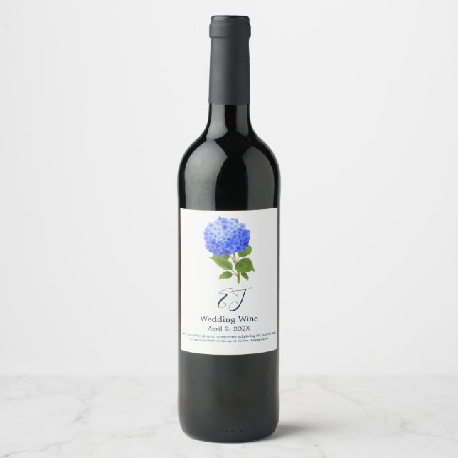 Vattenfärg Blå Hortensia Vinflaska Etikett (Framsida)