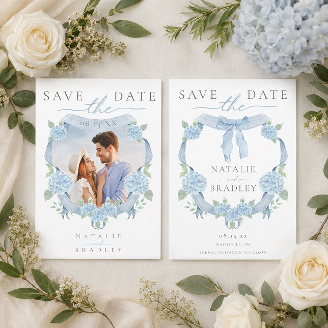 Vattenfärg Blå Hydrangea Foto Spara Datum Inbjudningar (Watercolor Blue Hydrangea Photo Save the Date Invitation)