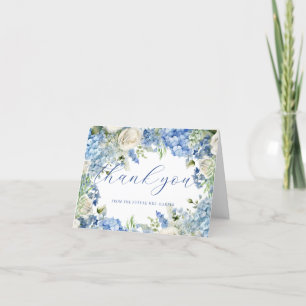 Vattenfärg Blå Hydrangea Rosor Elegant Skrift Tack Kort