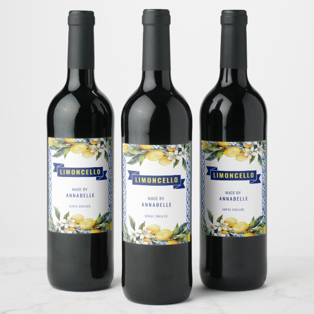 Vattenfärg Blå Kakel Citroner Limocello  Vinflaska Etikett (Flaskor)