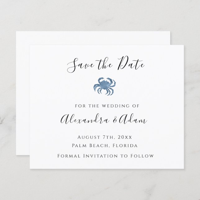 Vattenfärg Blå Krabb Bröllop Spara Datum-kort (Fram/baksida)