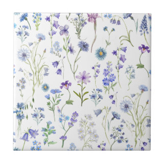 Vattenfärg Blå Lila Vildblomma Blommönster Kakelplatta
