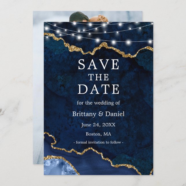 Vattenfärg Blå Marmor Agat Geod Ljus Foto Spara Datumet (Fram/baksida)