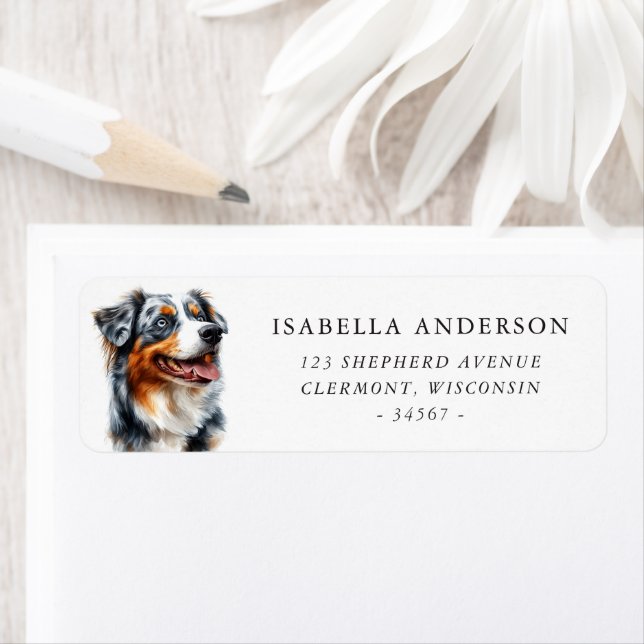 Vattenfärg Blå Merle Australian Shepherd Returadress Etikett (Insitu)