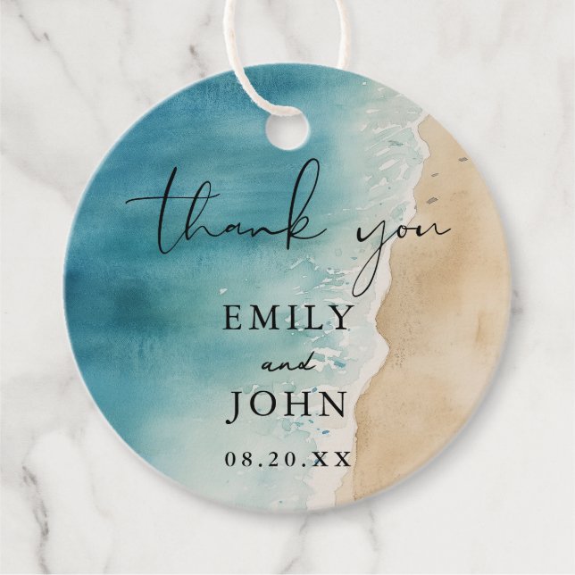 Vattenfärg Blå Ocean Sand Strand Bröllop  Gåvor Etiketter (Framsida)