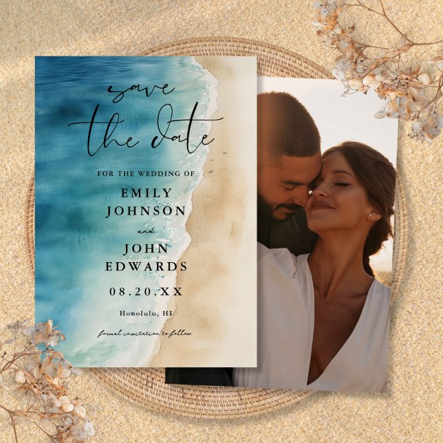 Vattenfärg Blå Ocean Strand Sand Foto Bröllop Spara Datumet (Watercolor Blue Ocean Beach Sand Photo Wedding Save The Date)