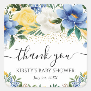 Vattenfärg Blå och Gula Blommor Baby Shower Fyrkantigt Klistermärke