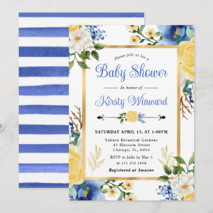 Vattenfärg Blå och Gula Blommor Baby Shower Inbjudningar