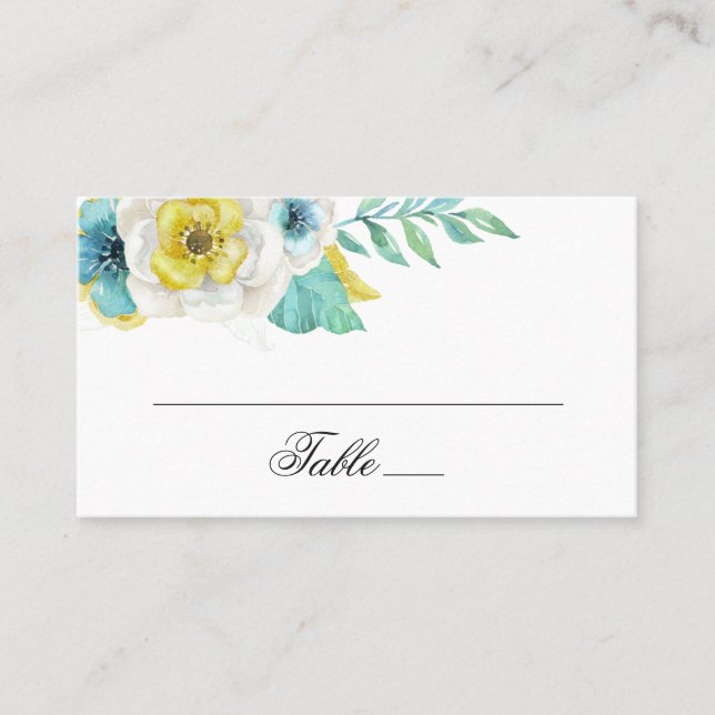 Vattenfärg blå och gula blommor. Blommig bröllop Placeringskort (Framsida)