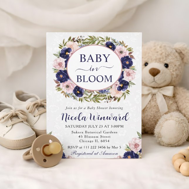 Vattenfärg Blå och Krämfärgad Krans Babyfirande Inbjudningar (Skapare uppladdad)