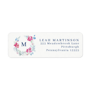 Vattenfärg Blå och Rosa Flower WANAN Returadress Etikett