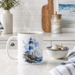 Vattenfärg Blå och Vit Fyrtorn Coffee Kaffemugg