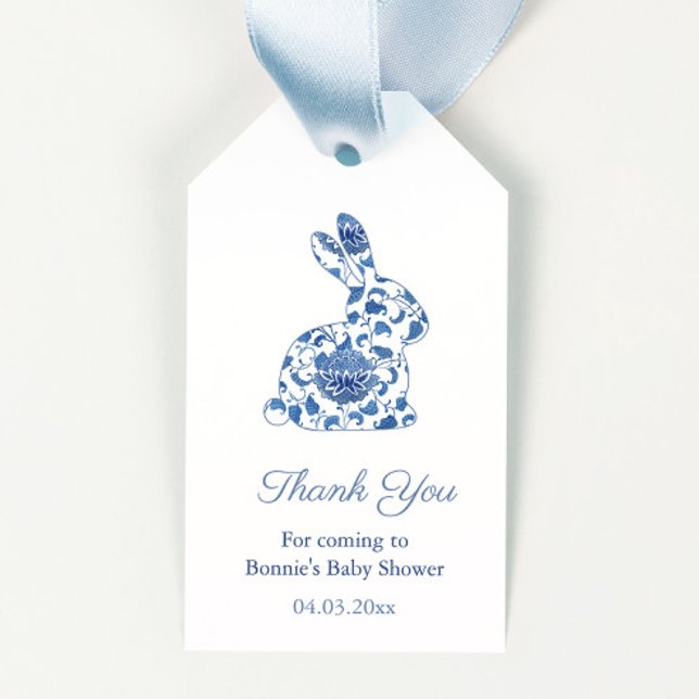 Vattenfärg Blå Och Vit Kanin Baby Shower Förmån Presentetikett (Watercolor blue and white chinoiserie print little boy baby shower favor tags with bunny icon)