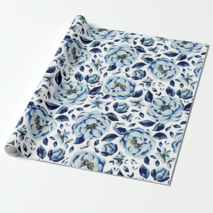 Vattenfärg Blå Pion Blommönster Presentpapper