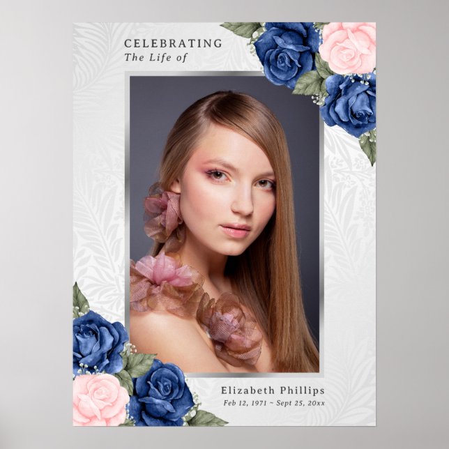 Vattenfärg Blå Rosa Blommig Foto Begravningsskylt Poster (Framsidan)