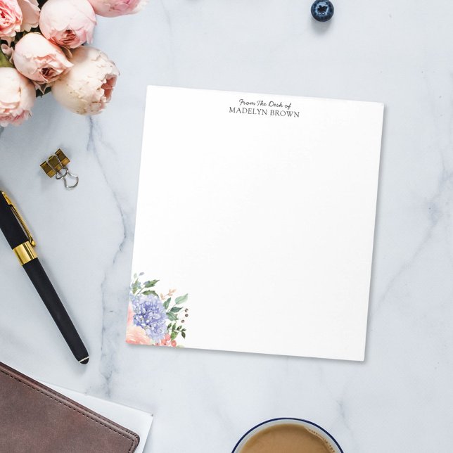 Vattenfärg Blå Rosa Hydrangea Blommig Anteckningsblock (In situ Office desk)