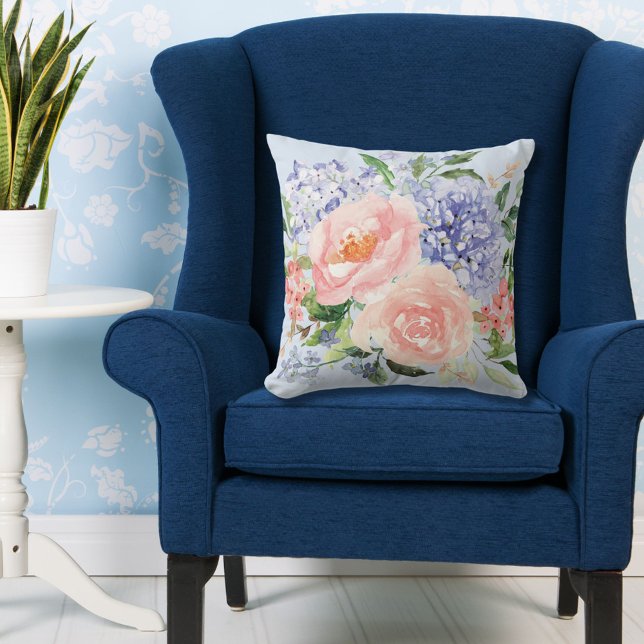 Vattenfärg Blå Rosa Hydrangea Peony Vår Blomma Kudde (In situ)